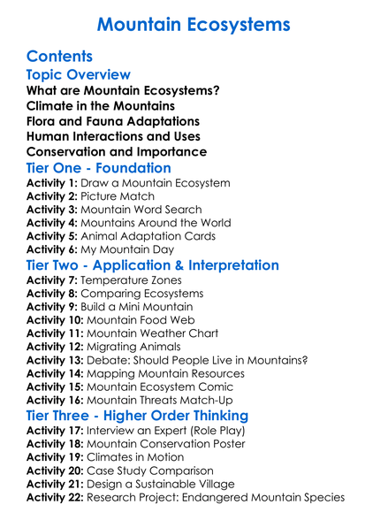 Mountain Ecosystems Worksheet Activity Booklet