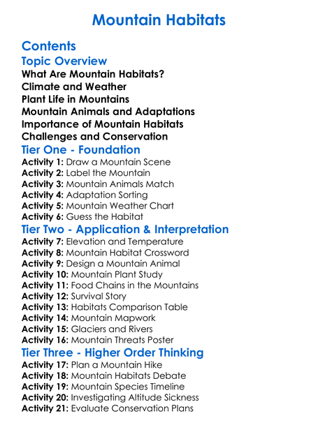 Mountain Habitats Worksheet Activity Booklet