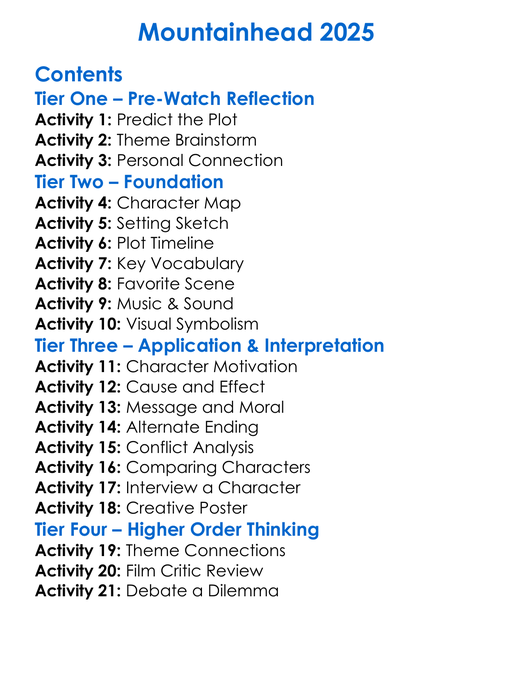 Mountainhead 2025 Worksheet Activity Booklet