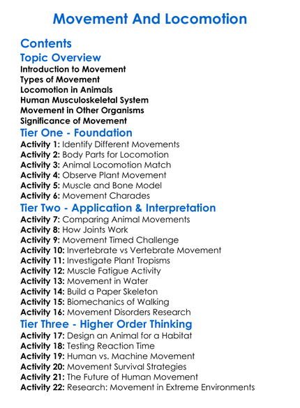 Movement And Locomotion Worksheet Activity Booklet