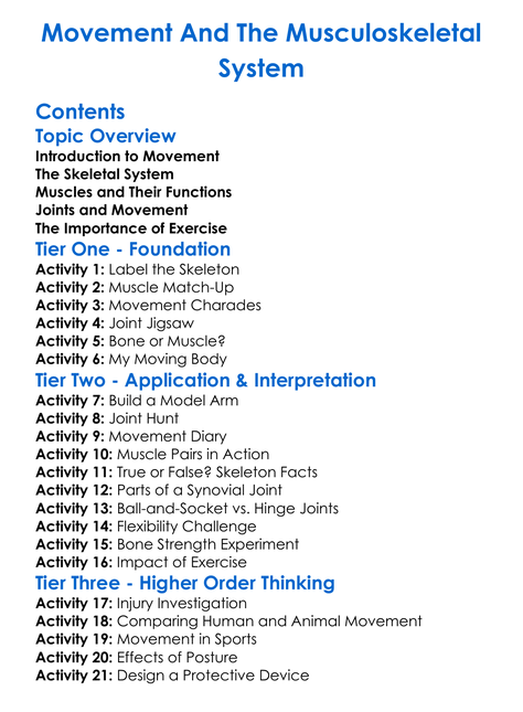 Movement And The Musculoskeletal System Worksheet Activity Booklet