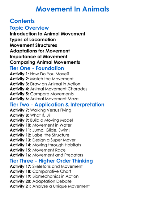 Movement In Animals Worksheet Activity Booklet
