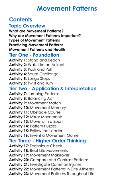 Movement Patterns Worksheet Activity Booklet