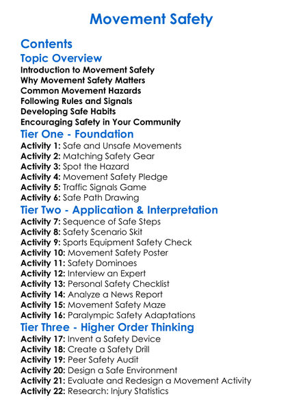 Movement Safety Worksheet Activity Booklet