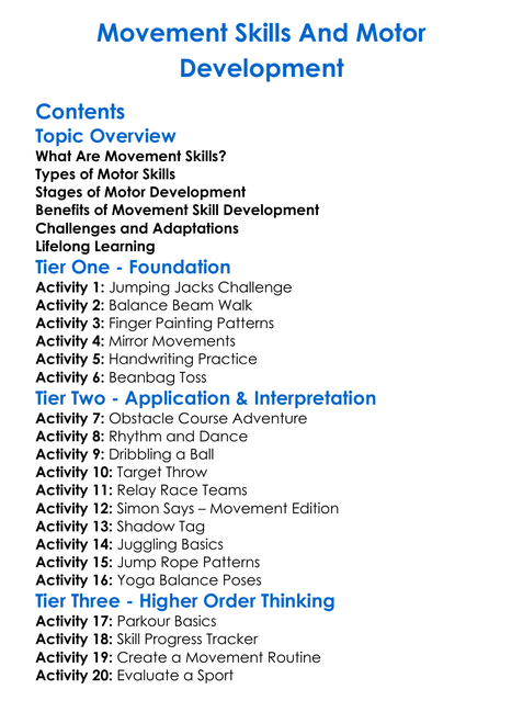 Movement Skills And Motor Development Worksheet Activity Booklet