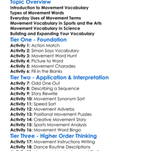 Movement Vocabulary Worksheet Activity Booklet