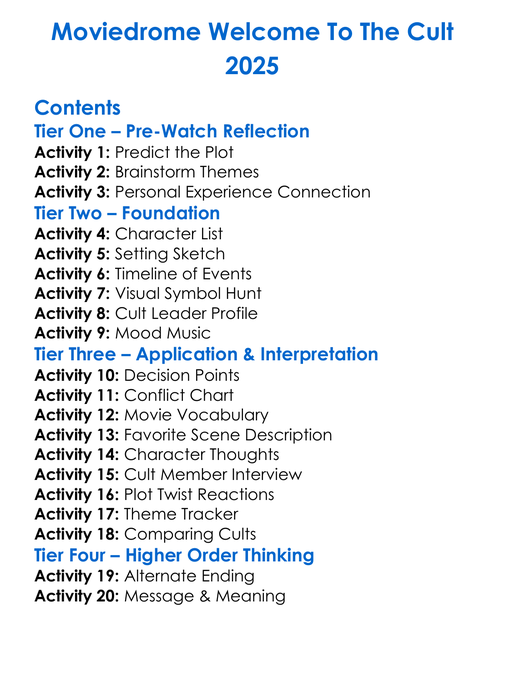 Moviedrome Welcome To The Cult 2025 Worksheet Activity Booklet