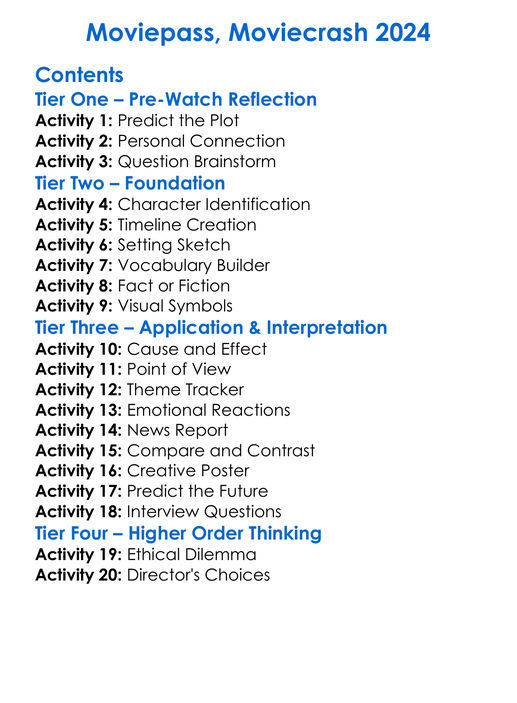 Moviepass Moviecrash 2024 Worksheet Activity Booklet