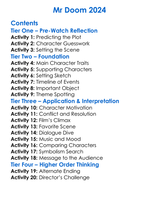 Mr Doom 2024 Worksheet Activity Booklet