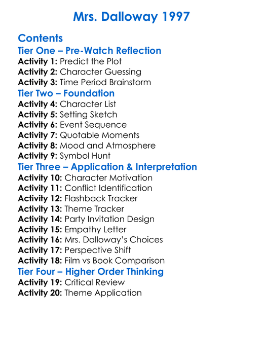 Mrs Dalloway 1997 Worksheet Activity Booklet