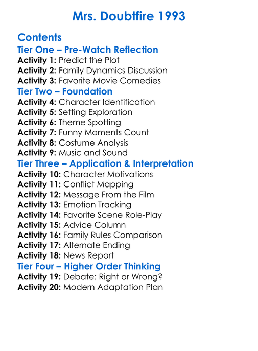 Mrs Doubtfire 1993 Worksheet Activity Booklet