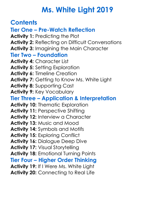 Ms White Light 2019 Worksheet Activity Booklet