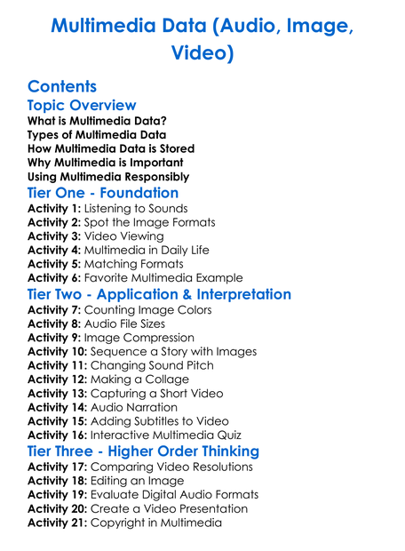 Multimedia Data Audio Image Video Worksheet Activity Booklet