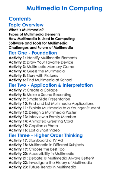 Multimedia In Computing Worksheet Activity Booklet