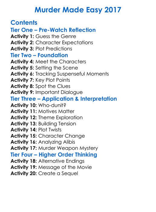 Murder Made Easy 2017 Worksheet Activity Booklet