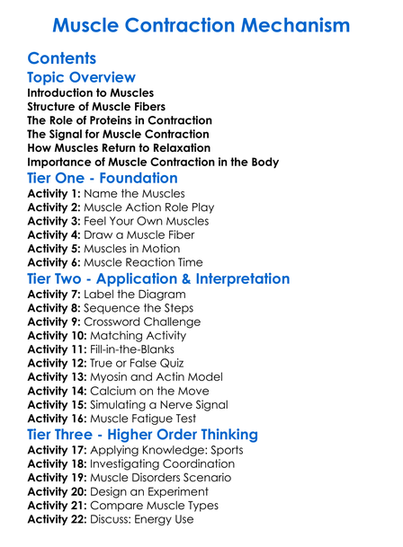 Muscle Contraction Mechanism Worksheet Activity Booklet