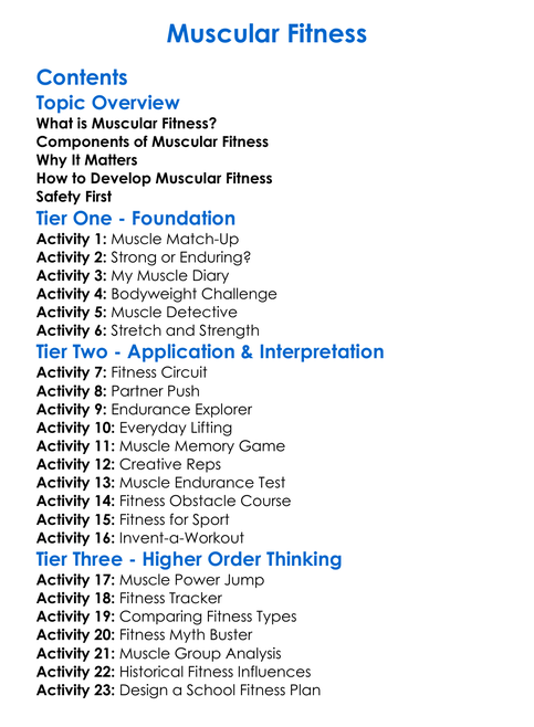 Muscular Fitness Worksheet Activity Booklet