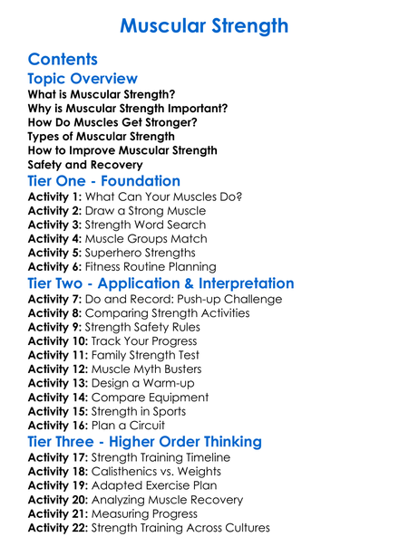 Muscular Strength Worksheet Activity Booklet
