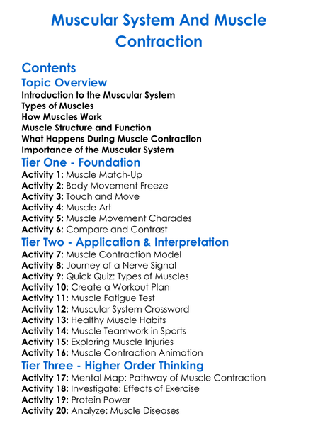 Muscular System And Muscle Contraction Worksheet Activity Booklet
