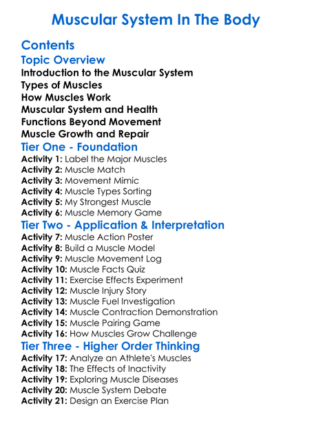 Muscular System In The Body Worksheet Activity Booklet