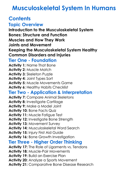 Musculoskeletal System In Humans Worksheet Activity Booklet
