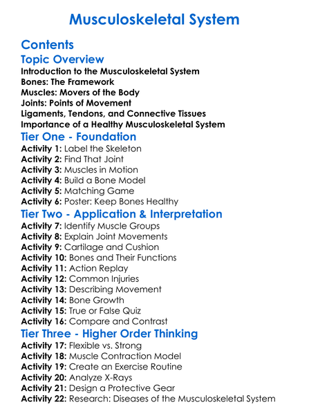 Musculoskeletal System Worksheet Activity Booklet