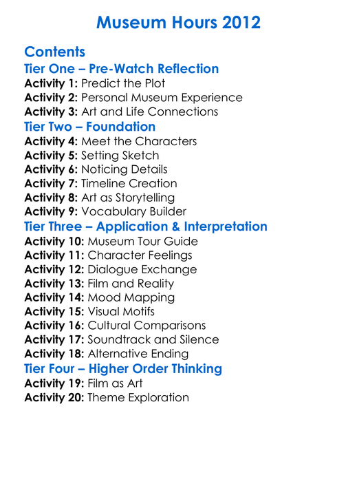 Museum Hours 2012 Worksheet Activity Booklet