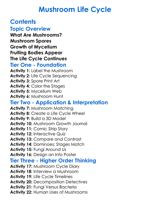 Mushroom Life Cycle Worksheet Activity Booklet