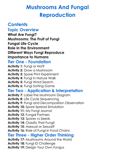 Mushrooms And Fungal Reproduction Worksheet Activity Booklet