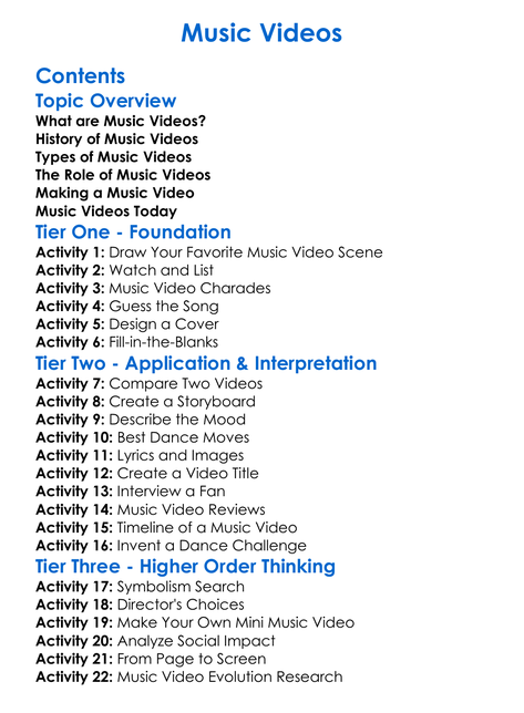 Music Videos Worksheet Activity Booklet