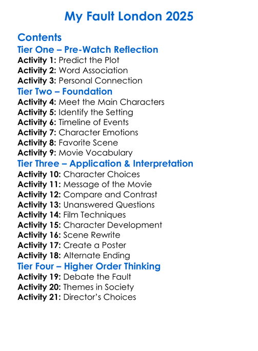 My Fault London 2025 Worksheet Activity Booklet