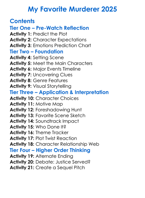 My Favorite Murderer 2025 Worksheet Activity Booklet