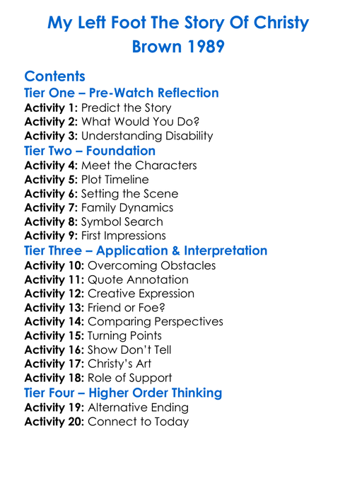 My Left Foot The Story Of Christy Brown 1989 Worksheet Activity Booklet