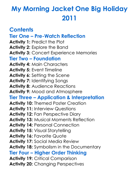 My Morning Jacket One Big Holiday 2011 Worksheet Activity Booklet