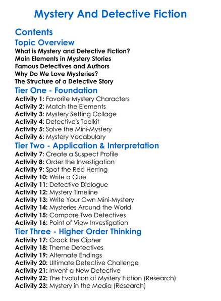 Mystery And Detective Fiction Worksheet Activity Booklet