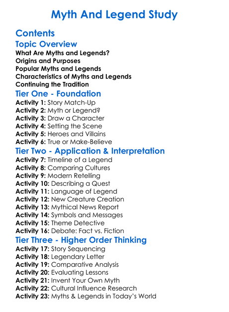 Myth And Legend Study Worksheet Activity Booklet