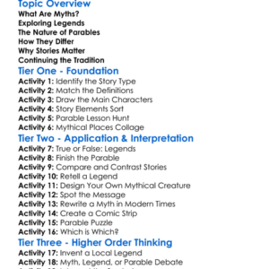 Myth Legend And Parable Worksheet Activity Booklet