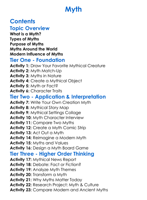 Myth Worksheet Activity Booklet