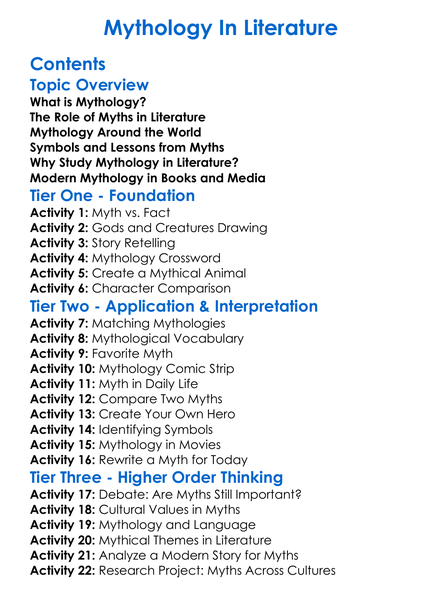 Mythology In Literature Worksheet Activity Booklet