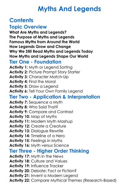 Myths And Legends Worksheet Activity Booklet