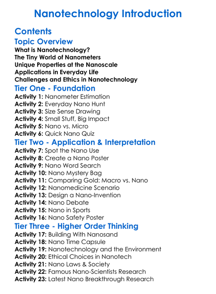 Nanotechnology Introduction Worksheet Activity Booklet