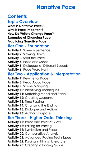 Narrative Pace Worksheet Activity Booklet