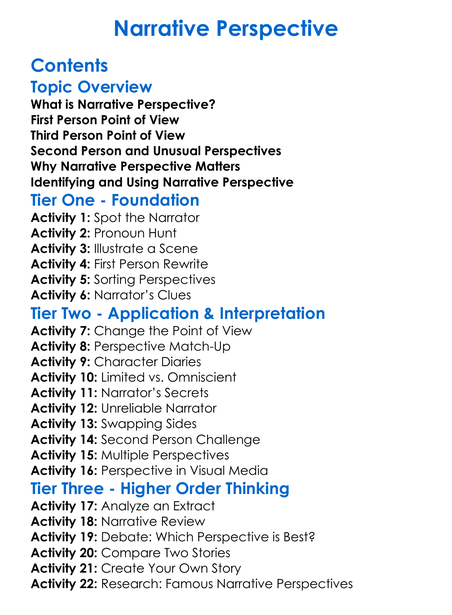 Narrative Perspective Worksheet Activity Booklet