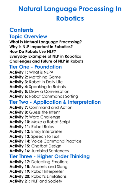 Natural Language Processing In Robotics Worksheet Activity Booklet