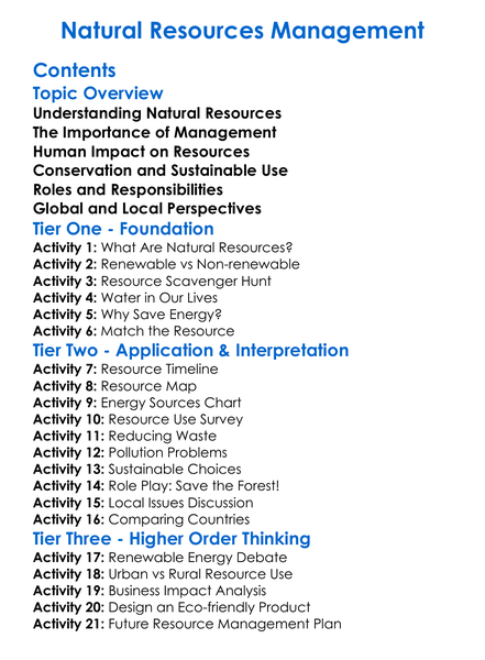 Natural Resources Management Worksheet Activity Booklet