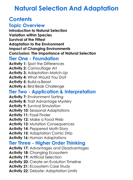 Natural Selection And Adaptation Worksheet Activity Booklet