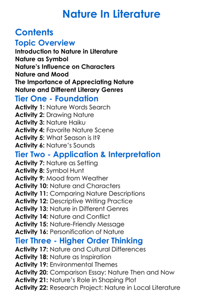 Nature In Literature Worksheet Activity Booklet
