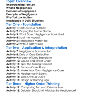 Negligence And Tort Law Worksheet Activity Booklet