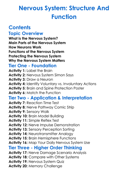 Nervous System Structure And Function Worksheet Activity Booklet