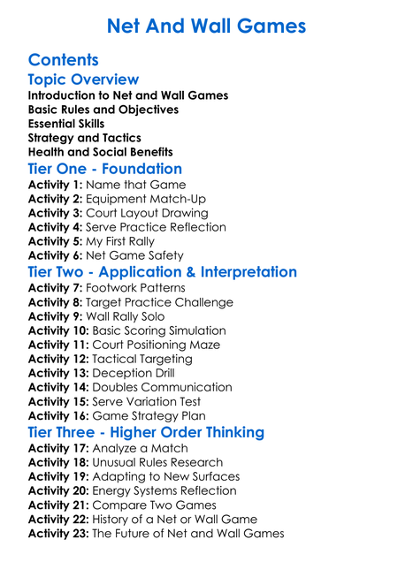 Net And Wall Games Worksheet Activity Booklet